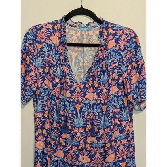 J. McLaughlin XS Dress Chessie Silk Blend Blue Floral Tiered Stained Glass Boho - Picture 3 of 12
